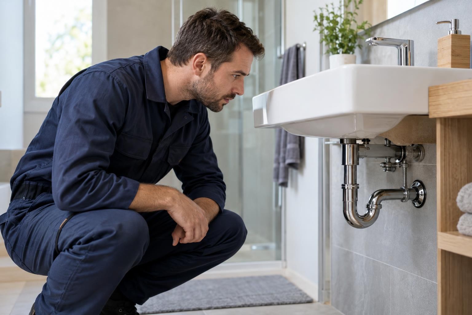 Un technicien examine l’installation d’un lavabo avant une intervention
