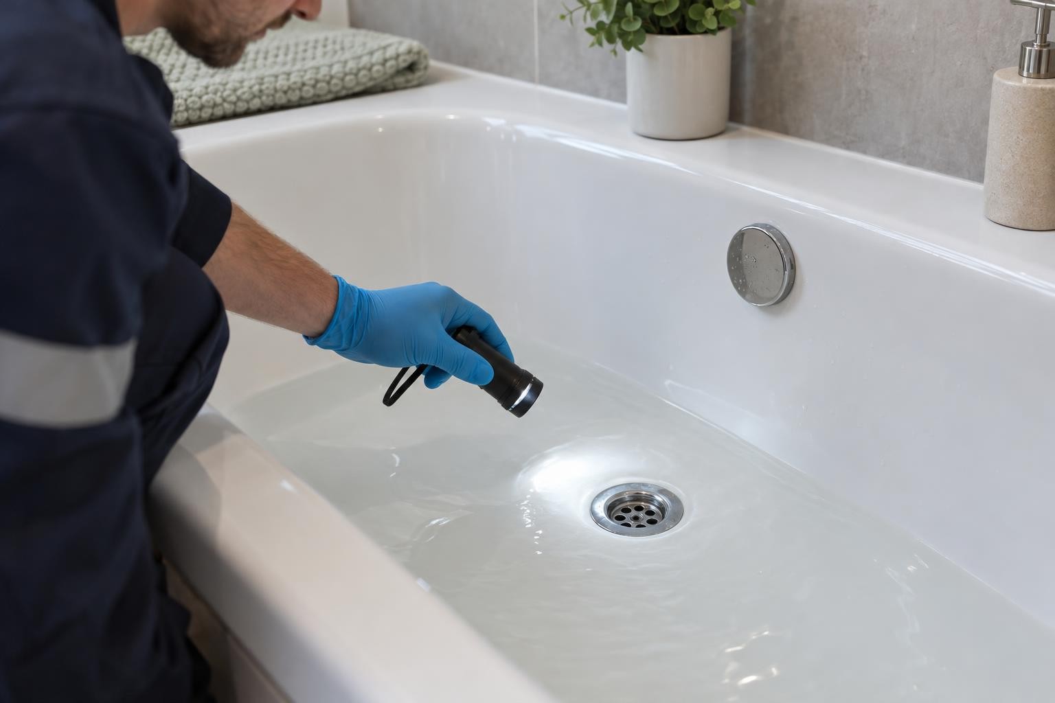 Notre technicien observe l’évacuation d’une baignoire avant le diagnostic