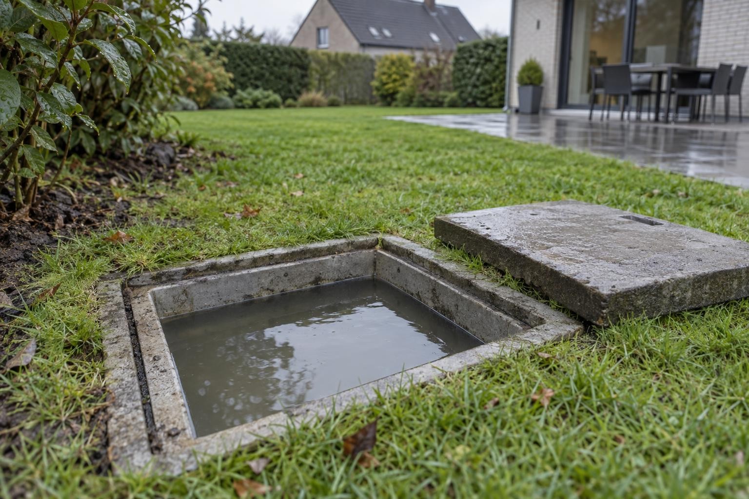 Chambre de visite extérieure pleine d’eau dans un jardin résidentiel