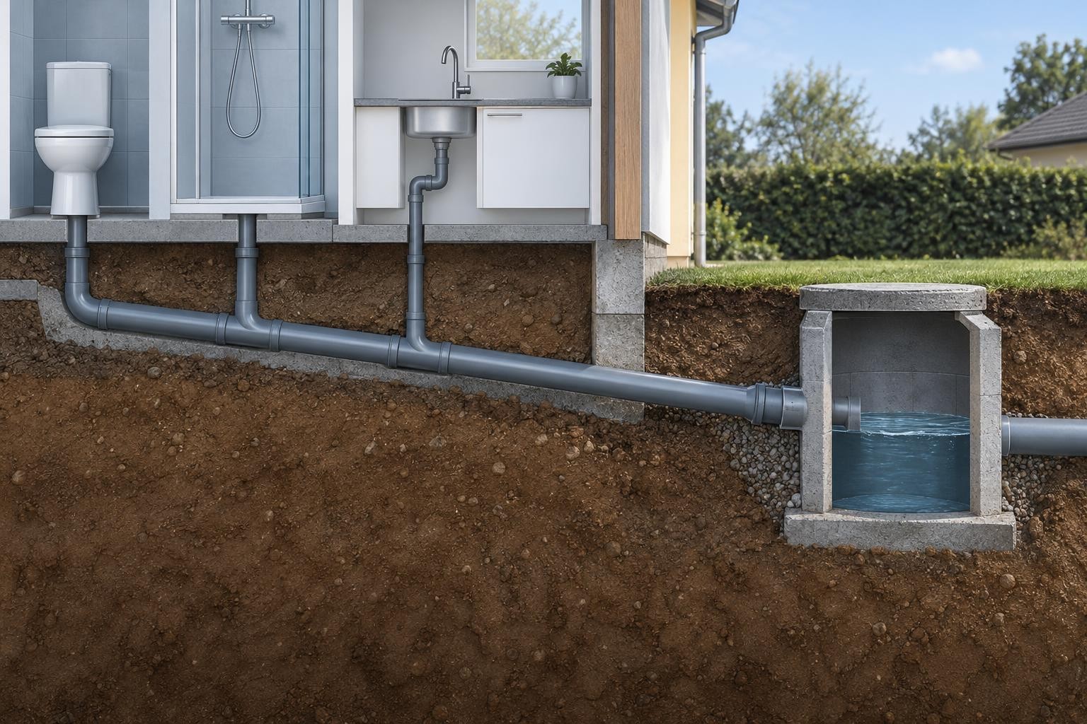 Schéma illustrant les évacuations d’une maison reliées à une chambre de visite extérieure